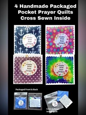 4 Handmade Pocket Prayer Quilts Lot Christian Cross sewn inside.